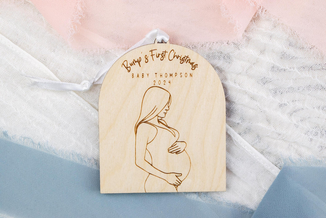 Wood Baby Bump's First Christmas Pregnancy Announcement Ornament, Personalized Gift for Expecting Parents