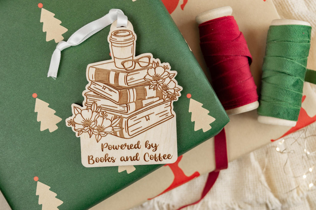 Wood Powered by Books and Coffee Book Lover Ornament, Gift for Readers, Bookish Decor