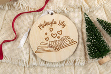 Load image into Gallery viewer, Wood Name Book Ornament, Personalized Book Lover Gift, Bookish Gift for Readers
