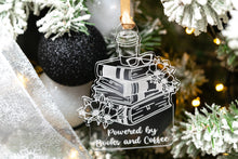 Load image into Gallery viewer, Clear Acrylic Powered by Books and Coffee Book Lover Ornament, Gift for Readers, Bookish Merch
