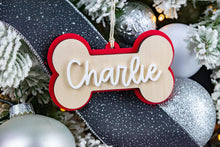 Load image into Gallery viewer, Custom Dog Bone Name Ornament, Personalized Christmas Ornament for Dogs, Acrylic and Wood
