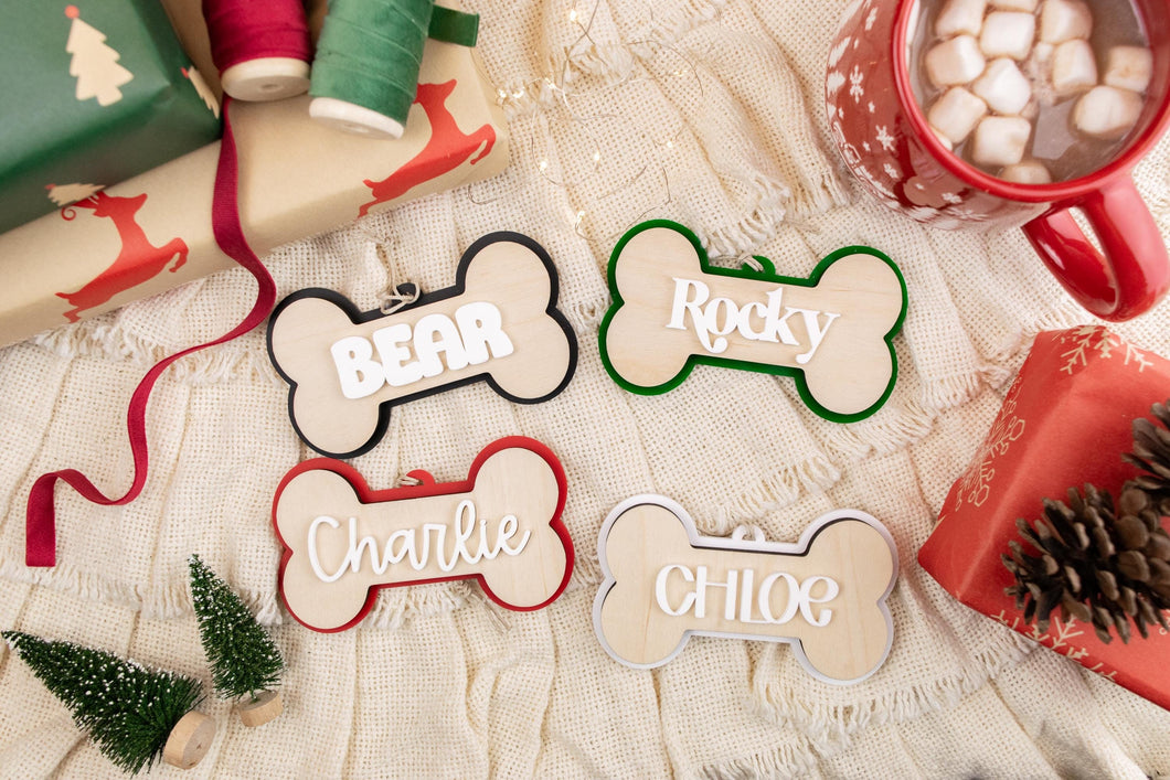 Custom Dog Bone Name Ornament, Personalized Christmas Ornament for Dogs, Acrylic and Wood