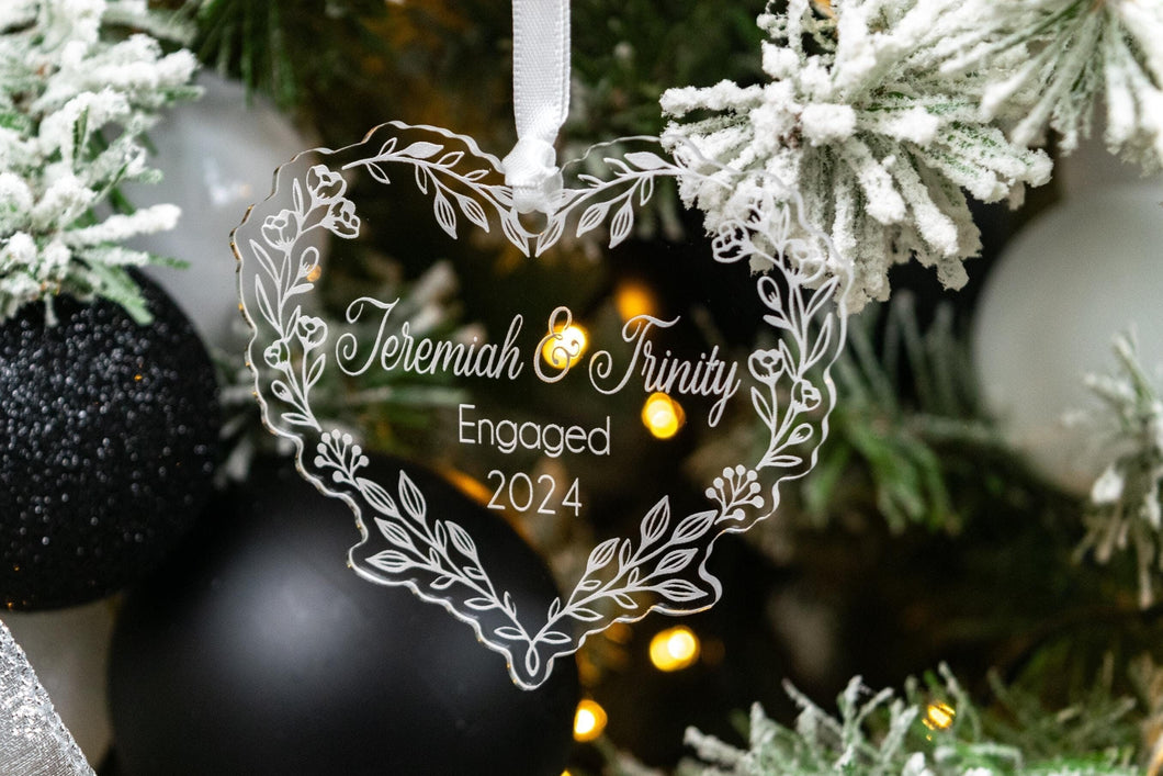 Personalized Engagement Christmas Ornament, First Christmas Engaged Ornament Gift for Couple, Floral Vine Acrylic Heart Ornament