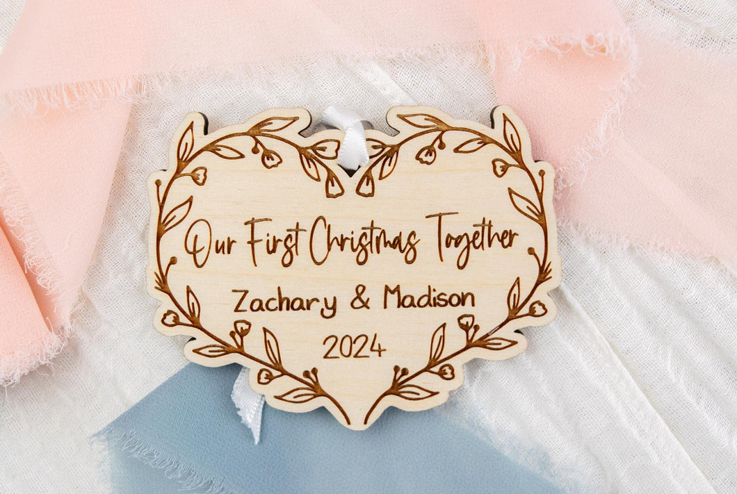 Wood Floral Heart First Christmas Together Ornament, Personalized New Couple Ornament, Gift for Girlfriend