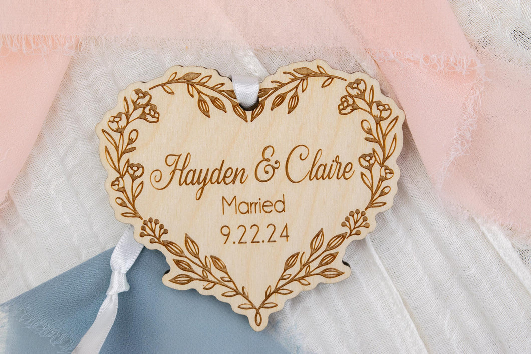 Wood Floral Heart Married Christmas Ornament, Personalized Newlywed Gift