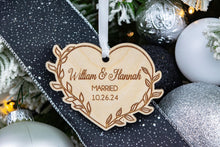 Load image into Gallery viewer, Wood Leafy Heart Married Christmas Ornament, Personalized Wedding Gift
