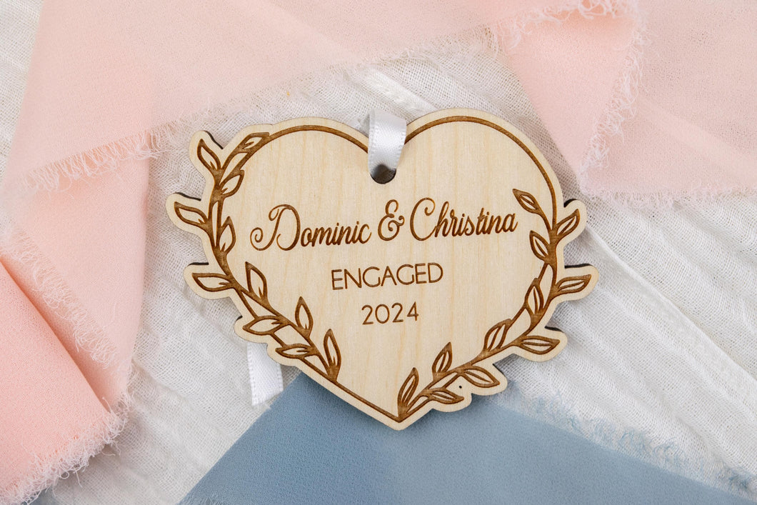 Wood Personalized Engaged Christmas Ornament for Couple, Engagement Gift for Couple, Leafy Vine Heart Ornament