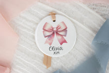 Load image into Gallery viewer, Personalized Bow Ornament, Pink Coquette Ornament, Baby Girl Ornament, Girly Christmas
