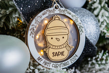 Load image into Gallery viewer, Light Up Snowman Baby&#39;s First Christmas Ornament, Custom Name Ornament for Kids, Options for Kids and Babies
