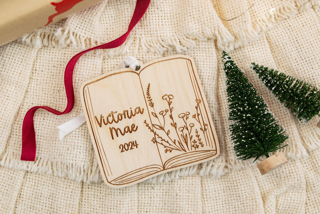 Wood Name Book Shaped Ornament, Personalized Book Lover Gift, Bookish Decor