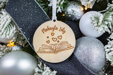 Load image into Gallery viewer, Wood Name Book Ornament, Personalized Book Lover Gift, Bookish Gift for Readers
