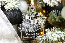 Load image into Gallery viewer, Clear Acrylic Powered by Books and Coffee Book Lover Ornament, Gift for Readers, Bookish Merch
