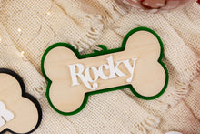 Load image into Gallery viewer, Custom Dog Bone Name Ornament, Personalized Christmas Ornament for Dogs, Acrylic and Wood
