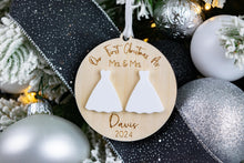 Load image into Gallery viewer, 3D Wood and Acrylic First Christmas as Mr and Mrs, Wedding Gift for Couple, Newlywed Ornament
