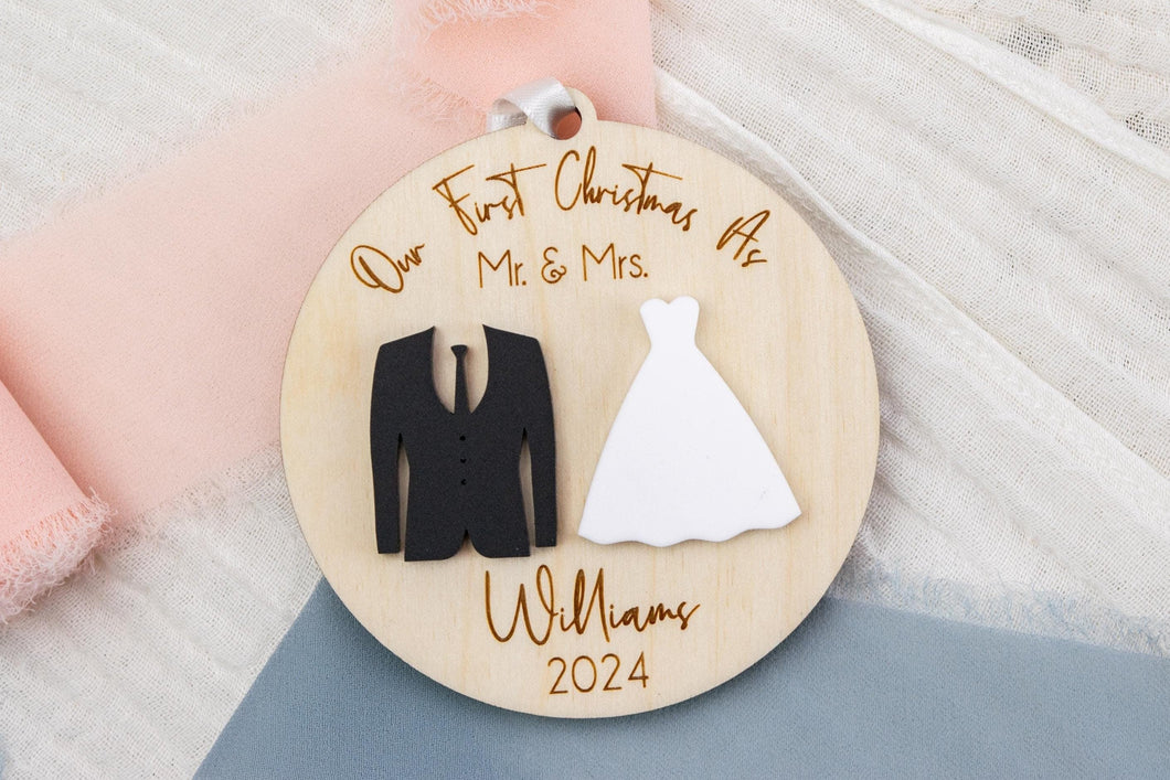 3D Wood and Acrylic First Christmas as Mr and Mrs, Wedding Gift for Couple, Newlywed Ornament