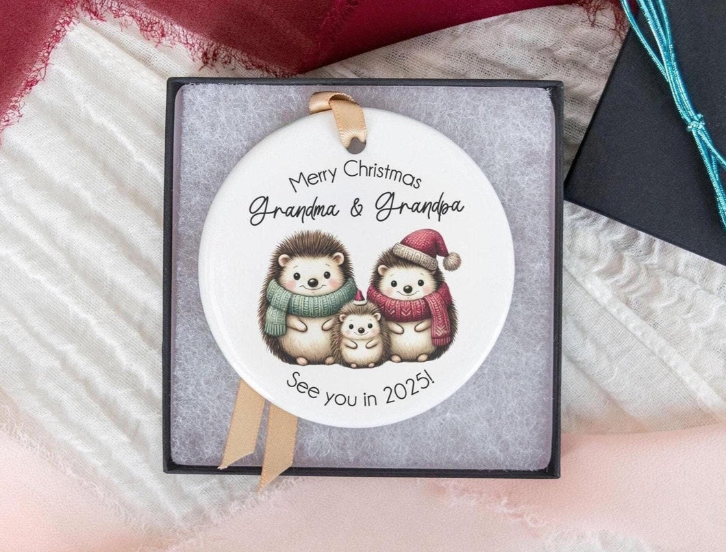 Hedgehog Christmas Baby Announcement, Pregnancy Announcement Ornament for Family, Customizable to Any Family Member