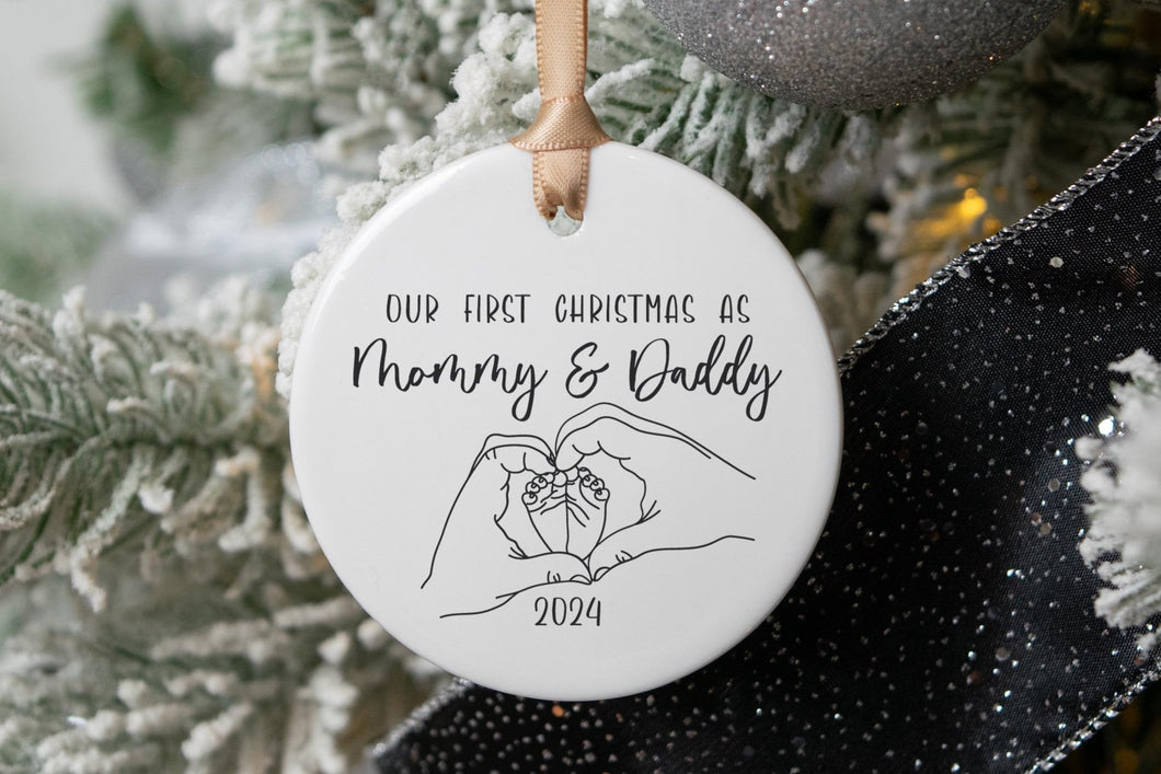 First Christmas as Mommy and Daddy Baby Feet Ornament, Christmas Gift for New Parents