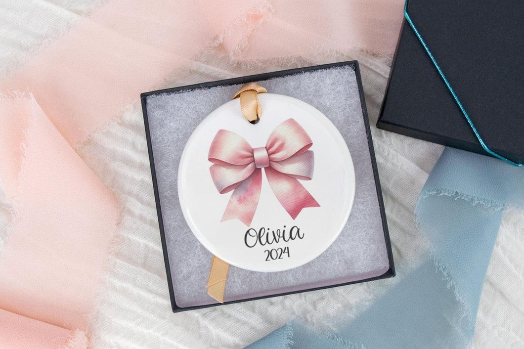 Personalized Bow Ornament, Pink Coquette Ornament, Baby Girl Ornament, Girly Christmas