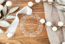 Load image into Gallery viewer, Personalized Engaged Ornament | Custom Engagement Ornament | Floral Wreath Acrylic Keepsake | Engagement Gift for Couple

