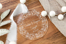 Load image into Gallery viewer, Personalized Engaged Ornament | Custom Engagement Ornament | Floral Wreath Acrylic Keepsake | Engagement Gift for Couple
