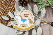 Load image into Gallery viewer, Personalized Rocking Horse Baby&#39;s First Christmas Ornament, Custom Newborn Ornament, Keepsake for New Parents
