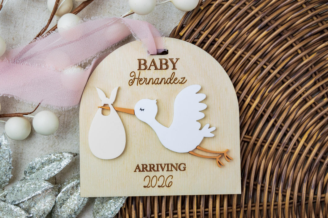 Personalized Stork Baby Announcement Ornament, Expecting Baby Ornament