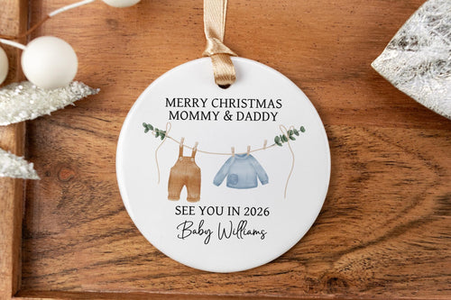 Personalized  Merry Christmas Mommy and Daddy ornament on a wooden tray with decorative elements.