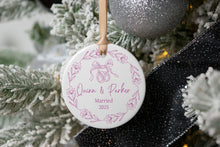 Load image into Gallery viewer, Chinoiserie Wedding Ornament | Blue Toile Married Ornament | Personalized Newlywed Ornament | First Christmas Married Keepsake
