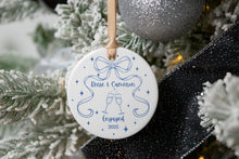 Load image into Gallery viewer, Blue Toile Our First Christmas Engaged Ornament, Chinoiserie  Engagement Ornament, Personalized Engaged Ornament, Engagement Gift for Couple
