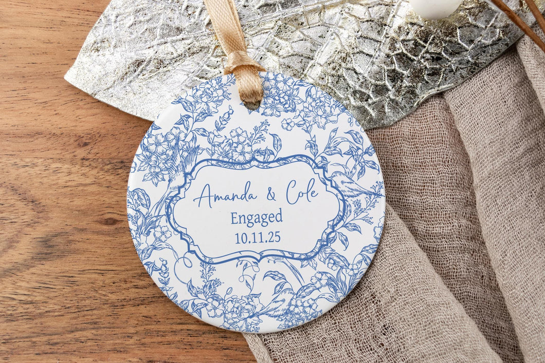 Blue Toile Engagement Ornament | Chinoiserie Engaged Ornament | Personalized Engagement Gift for Couple