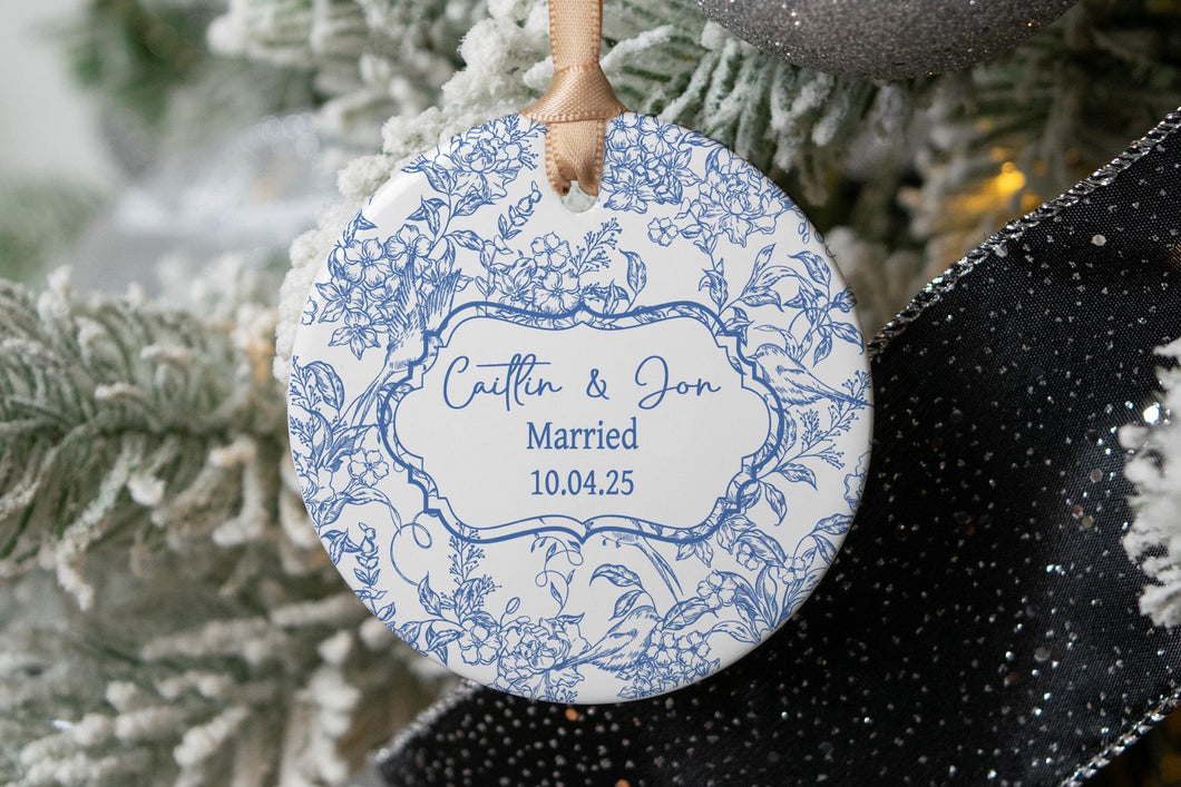 Blue Toile Married Ornament | Chinoiserie Wedding Ornament | Personalized Newlywed Christmas Ornament | Marriage Keepsake