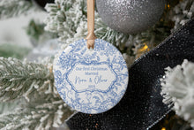 Load image into Gallery viewer, Blue Toile Our First Christmas Married Ornament | Chinoiserie Wedding Ornament | Personalized Newlywed Christmas Ornament
