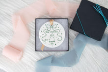 Load image into Gallery viewer, Blue Toile Our First Christmas Engaged Ornament, Chinoiserie  Engagement Ornament, Personalized Engaged Ornament, Engagement Gift for Couple
