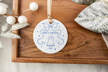 Load image into Gallery viewer, Blue Toile Our First Christmas Engaged Ornament, Chinoiserie  Engagement Ornament, Personalized Engaged Ornament, Engagement Gift for Couple
