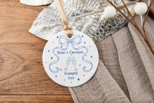 Load image into Gallery viewer, Blue Toile Our First Christmas Engaged Ornament, Chinoiserie  Engagement Ornament, Personalized Engaged Ornament, Engagement Gift for Couple
