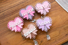 Load image into Gallery viewer, Custom Cute Badge Reel, Personalized Scalloped Heart and Bow Reel, Name Retractable ID Holder, Nurse Badge Reel, Pharmacy, Ultrasound, X-ray
