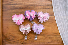 Load image into Gallery viewer, Custom Cute Badge Reel, Personalized Scalloped Heart and Bow Reel, Name Retractable ID Holder, Nurse Badge Reel, Pharmacy, Ultrasound, X-ray
