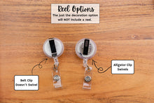 Load image into Gallery viewer, Comparison of retractable badge reel backing options with attachment styles and labels.
