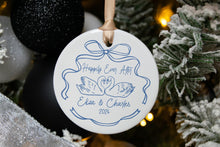 Load image into Gallery viewer, Personalized Blue and White Happily Ever After Swan Wedding Ornament, Newlywed Gift for Couples, First Christmas Married
