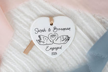 Load image into Gallery viewer, Heart Shaped Ceramic Personalized Swan Engaged Ornament, Engagement Gift for Couple, Newly Engaged Gift
