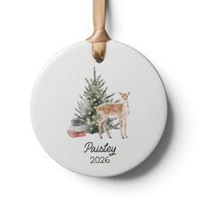 Load image into Gallery viewer, Custom Woodland Fawn Kid's Name Ornament, Christmas Gift for Kids, Ceramic Name Ornament for Grandkids
