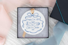 Load image into Gallery viewer, Personalized Blue and White Happily Ever After Swan Wedding Ornament, Newlywed Gift for Couples, First Christmas Married
