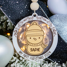 Load image into Gallery viewer, Light Up Snowman Baby&#39;s First Christmas Ornament, Custom Name Ornament for Kids, Options for Kids and Babies
