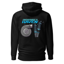 Load image into Gallery viewer, Enthusiast&#39;s Haven Blue Logo Black Helmet Back Hoodie
