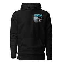 Load image into Gallery viewer, Enthusiast&#39;s Haven Blue Logo Black Helmet Back Hoodie
