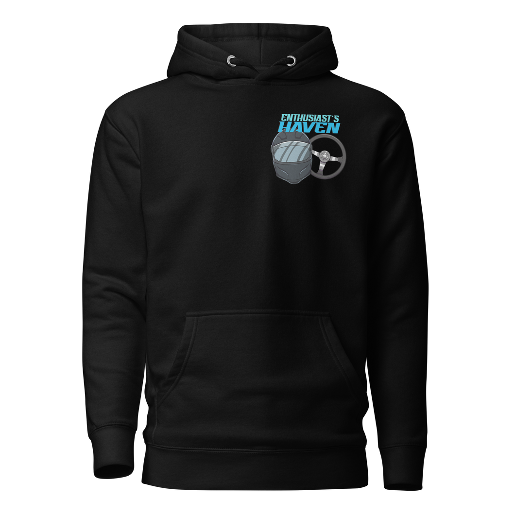 Enthusiast's Haven Blue Logo Black Helmet Back Hoodie