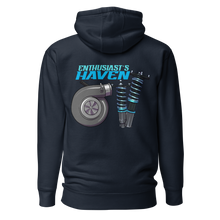 Load image into Gallery viewer, Enthusiast&#39;s Haven Blue Logo Black Helmet Back Hoodie
