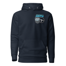 Load image into Gallery viewer, Enthusiast&#39;s Haven Blue Logo Black Helmet Back Hoodie
