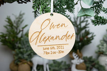 Load image into Gallery viewer, Personalized Engraved Baby Name and Birth Stats Ornament - Birth Announcement Ornament
