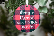 Load image into Gallery viewer, Personalized Red Buffalo Plaid Merry and Married Ornament
